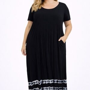 INC International Concepts Women's 3X T-Shirt Dress w/Tie-Dye Hem Black Maxi
